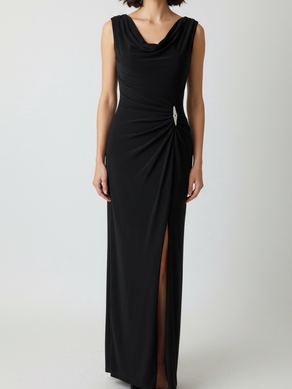 Cache Black Draped Cowl Neck Maxi Dress with Slit and Rhinestone size 2/XS
